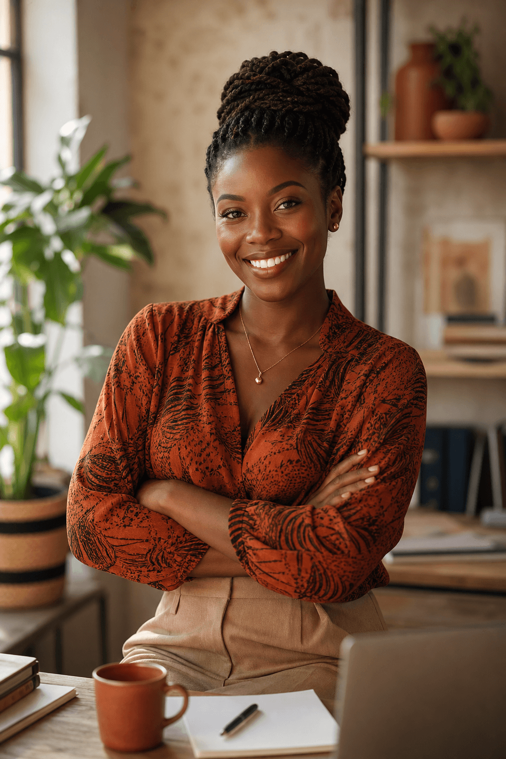 Smiling African woman in a warm studio